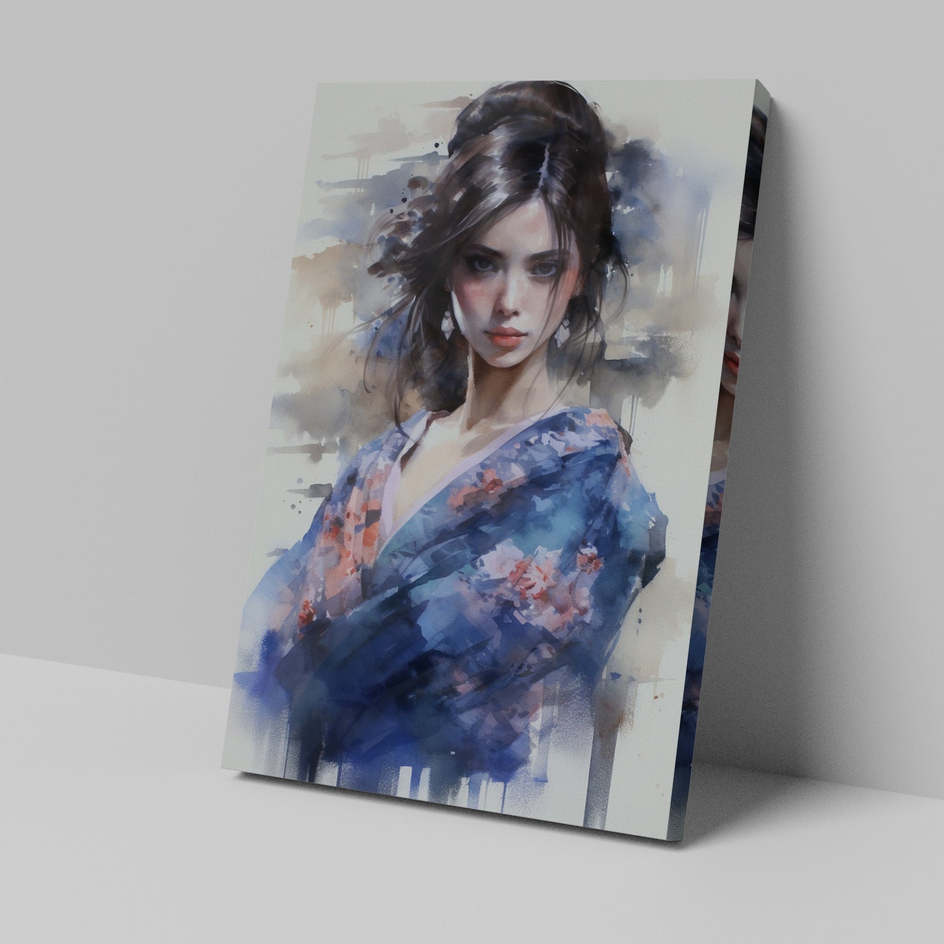 Framed canvas print of a watercolor painting depicting an elegant Geisha in a floral kimono