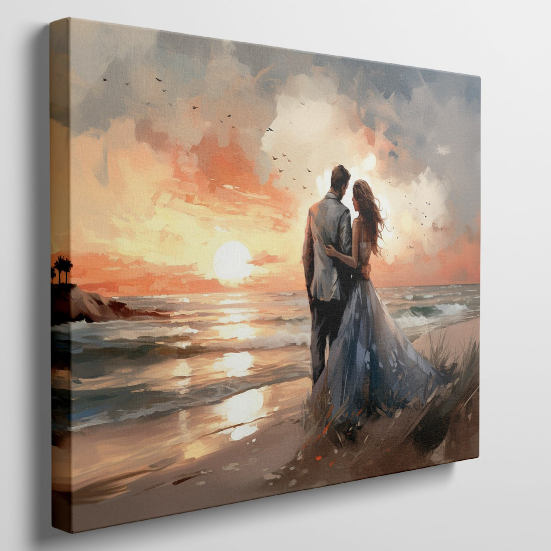 Framed canvas print of a couple embracing on a beach at sunset with vibrant warm colours and soft lighting