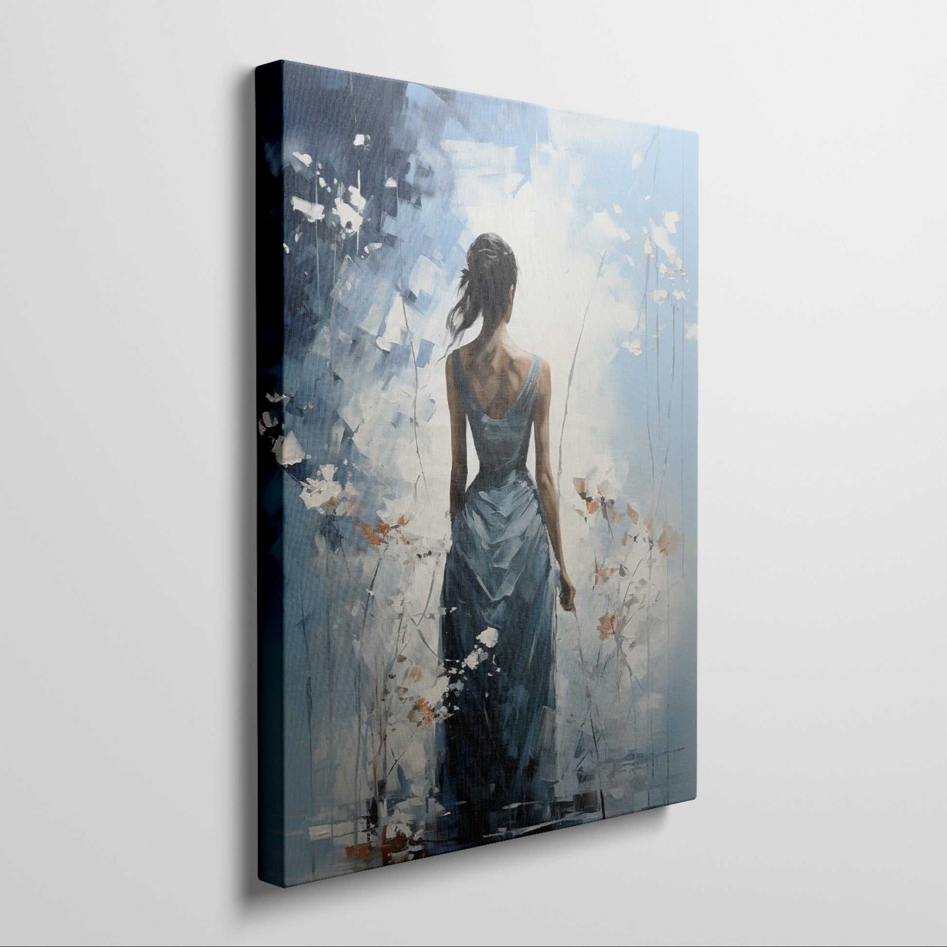 Framed canvas print of an abstract painting depicting a woman in a blue dress with a tranquil, flowy design against a blue and white background