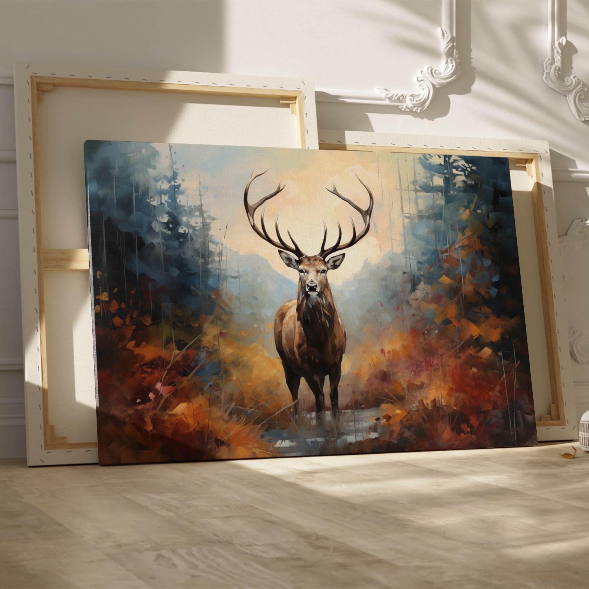 Framed canvas print of a majestic stag in an abstract autumnal forest