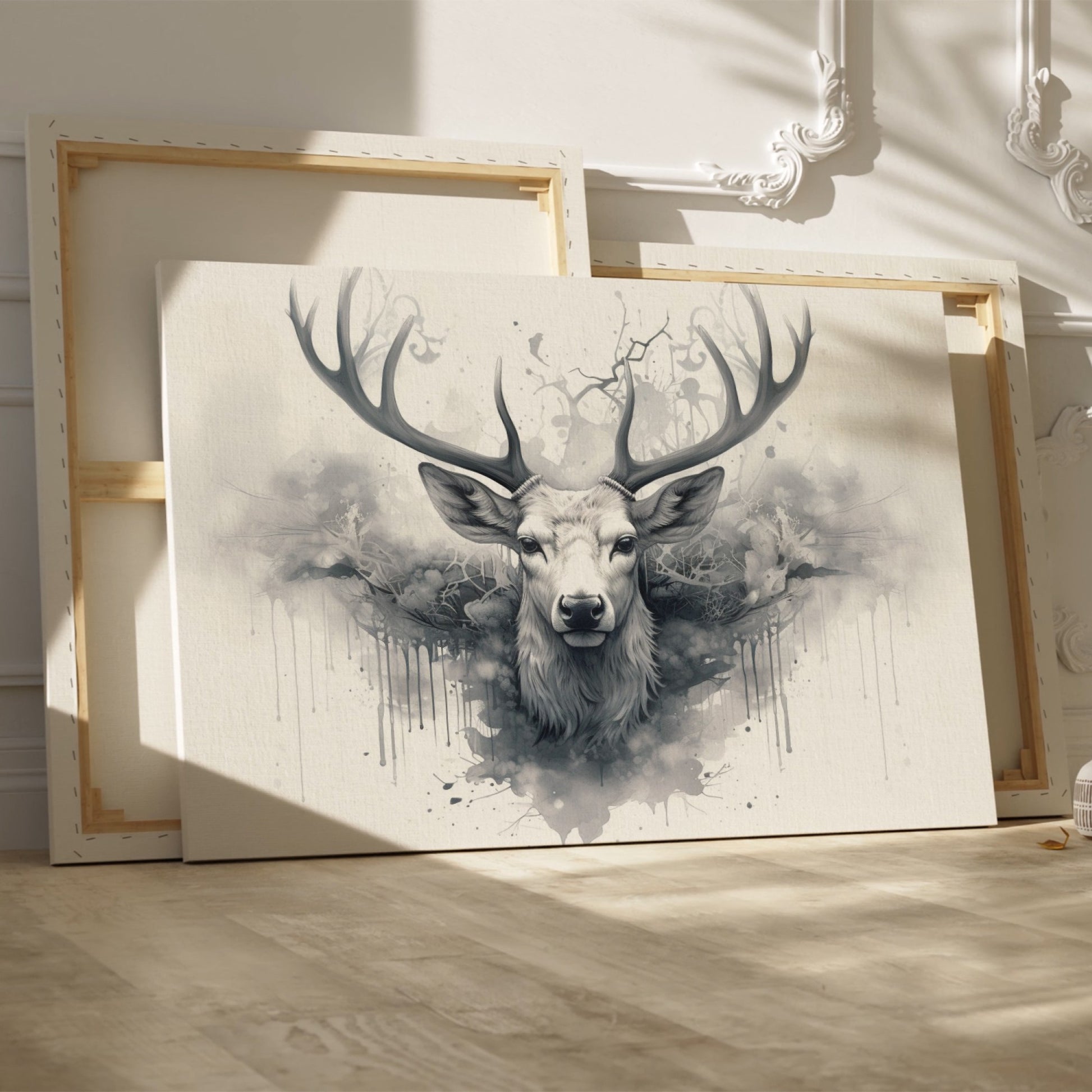 Framed canvas print of a mystical monochrome stag with abstract ink splash design