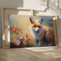 Framed canvas print of a majestic fox among vibrant wildflowers, with warm and impressionistic tones