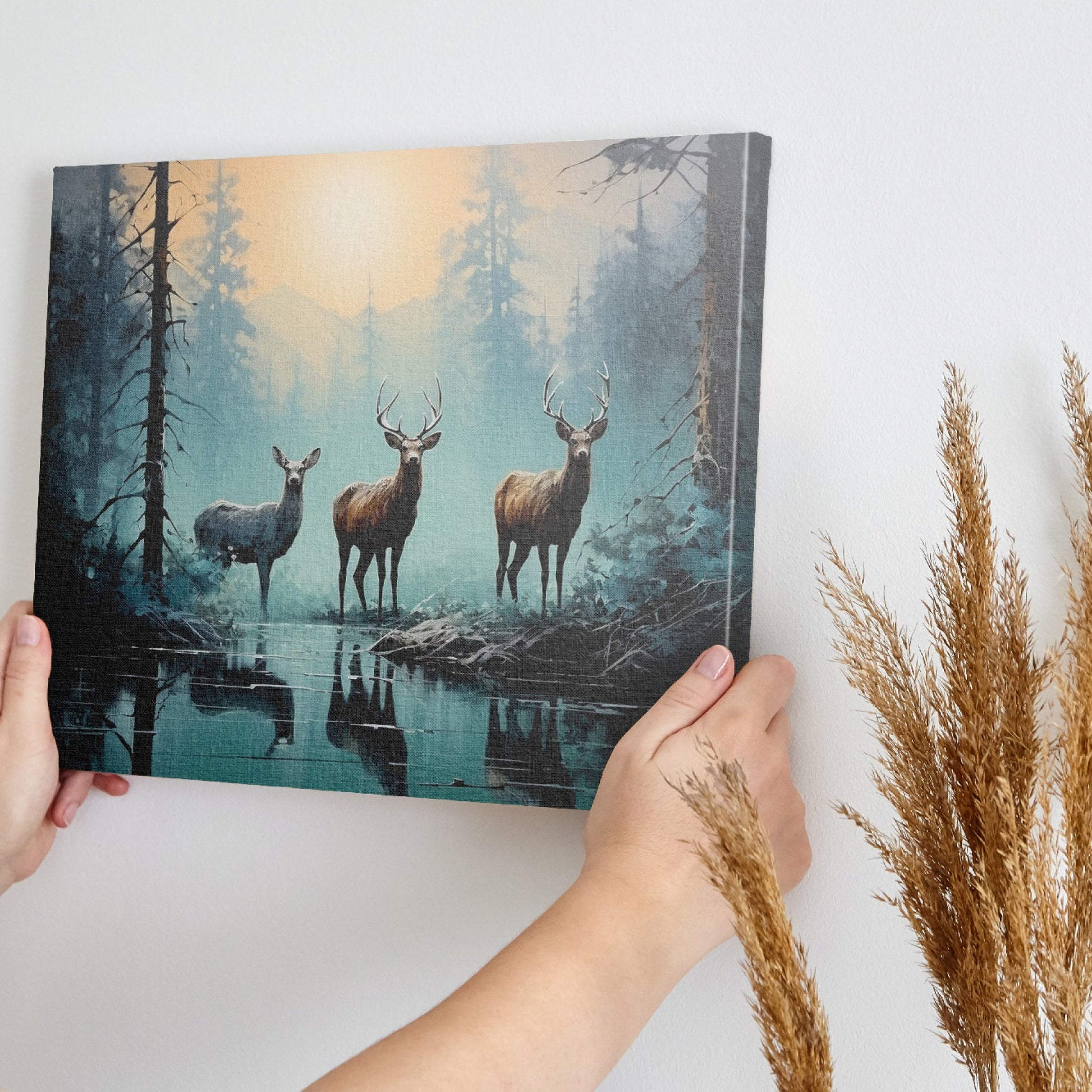 Framed canvas print of deer in a forest at sunrise with reflections in water, blue and orange tones