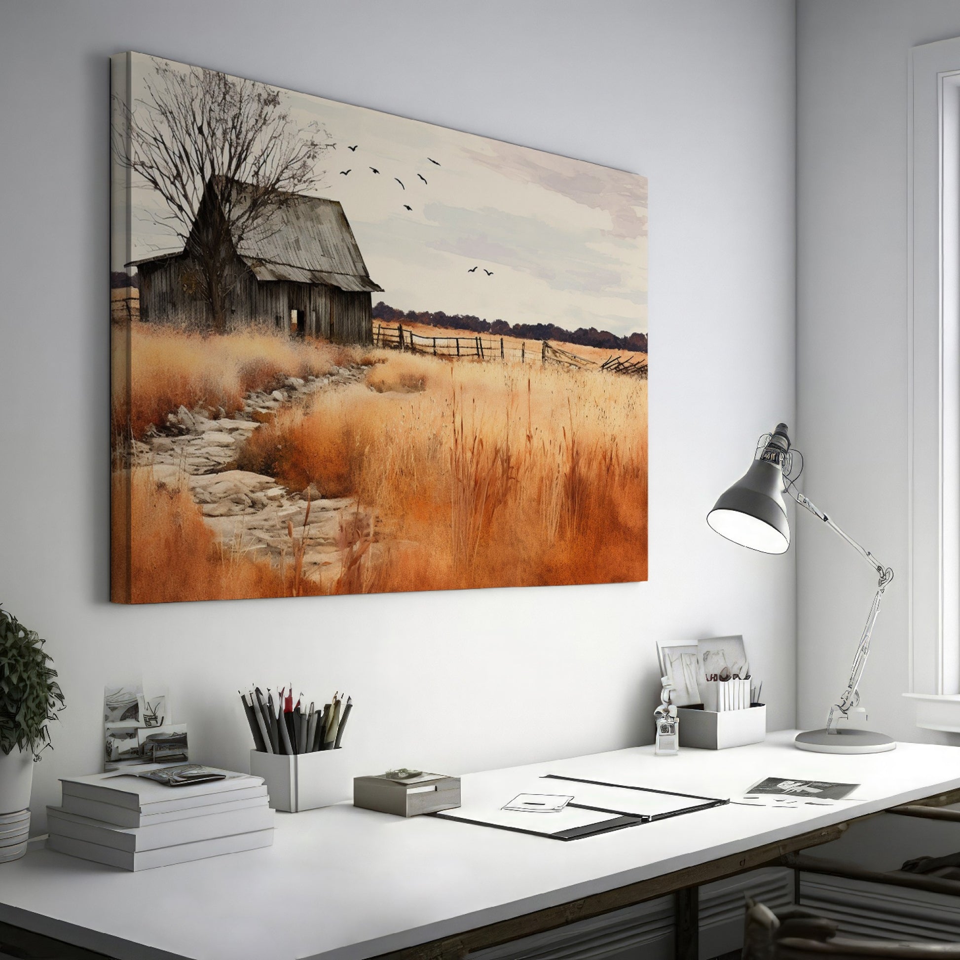 Framed canvas print of a rustic barn in autumn with golden fields and a stone pathway