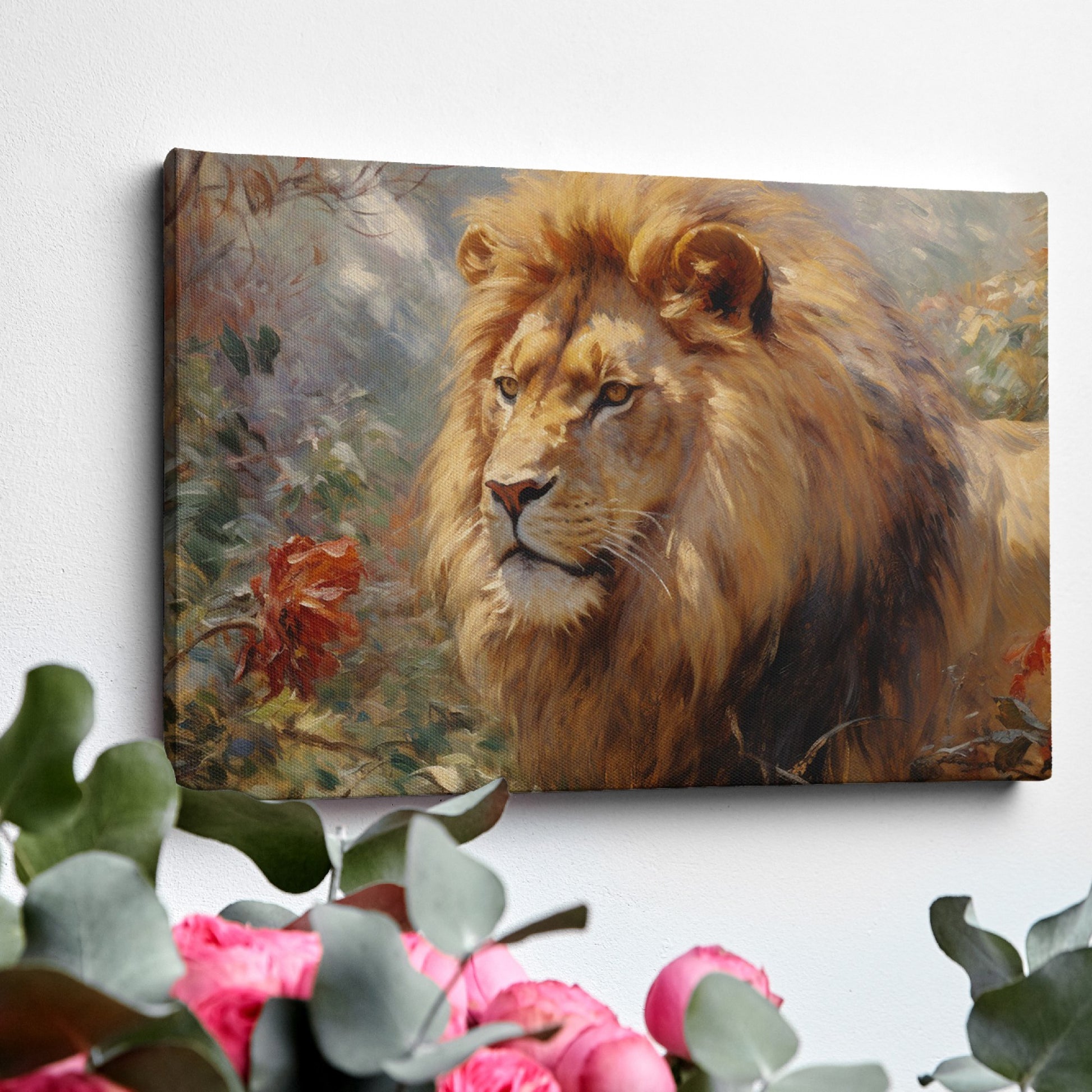 Framed canvas print of a realistic lion showcasing golden and warm earth tones, with detailed brushwork and a serene expression.