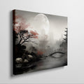 Framed canvas print of a serene Oriental landscape with a moonlit pagoda, red autumn leaves and a tranquil lake