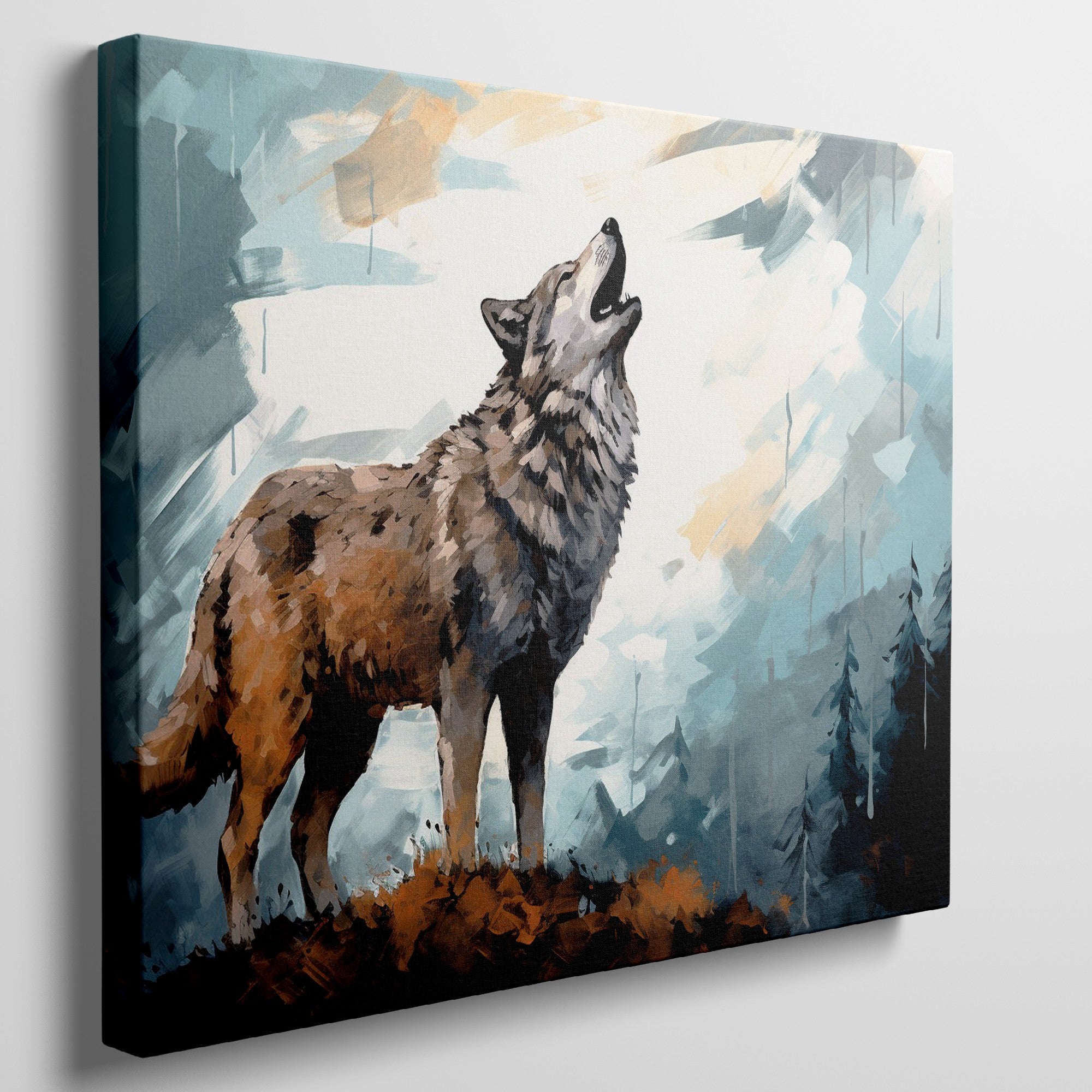 Framed canvas print of a wolf howling in an abstract forest setting