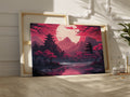 Framed canvas print of Oriental landscape with pagodas, cherry blossoms, and a full moon