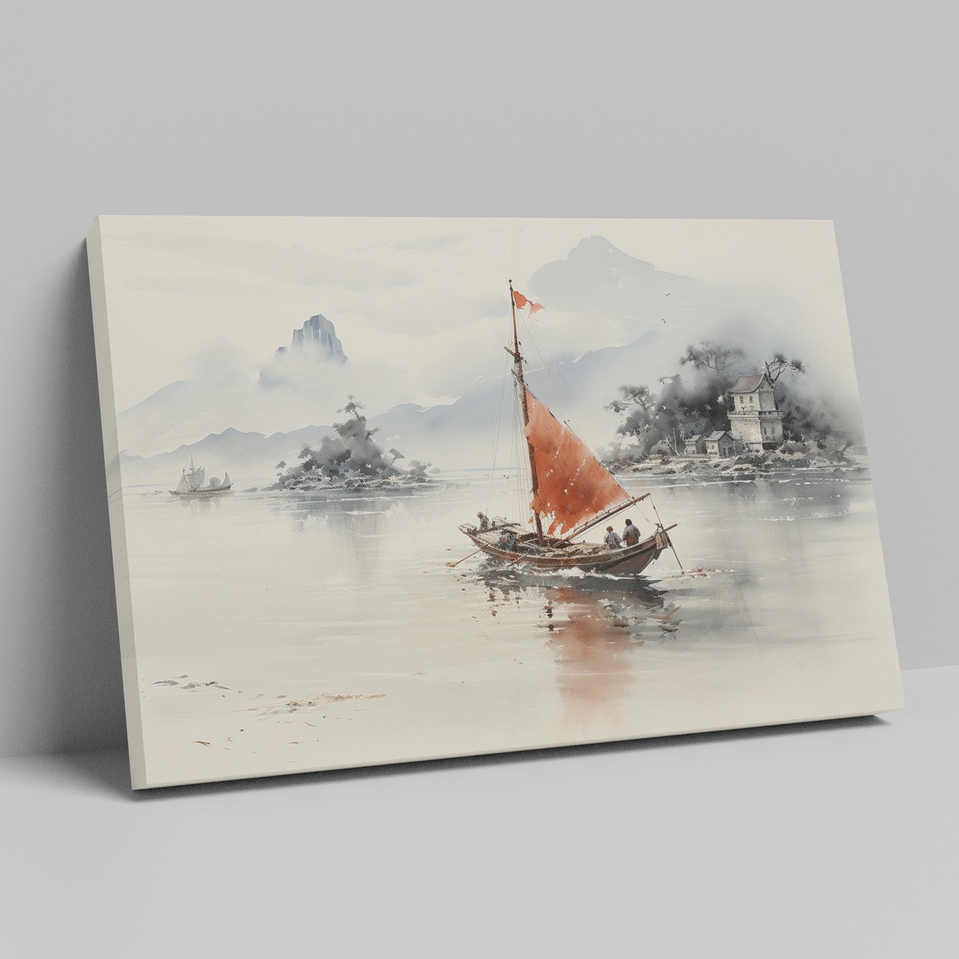 Framed canvas print of traditional Chinese painting featuring a sailboat, misty mountains, and historical architecture