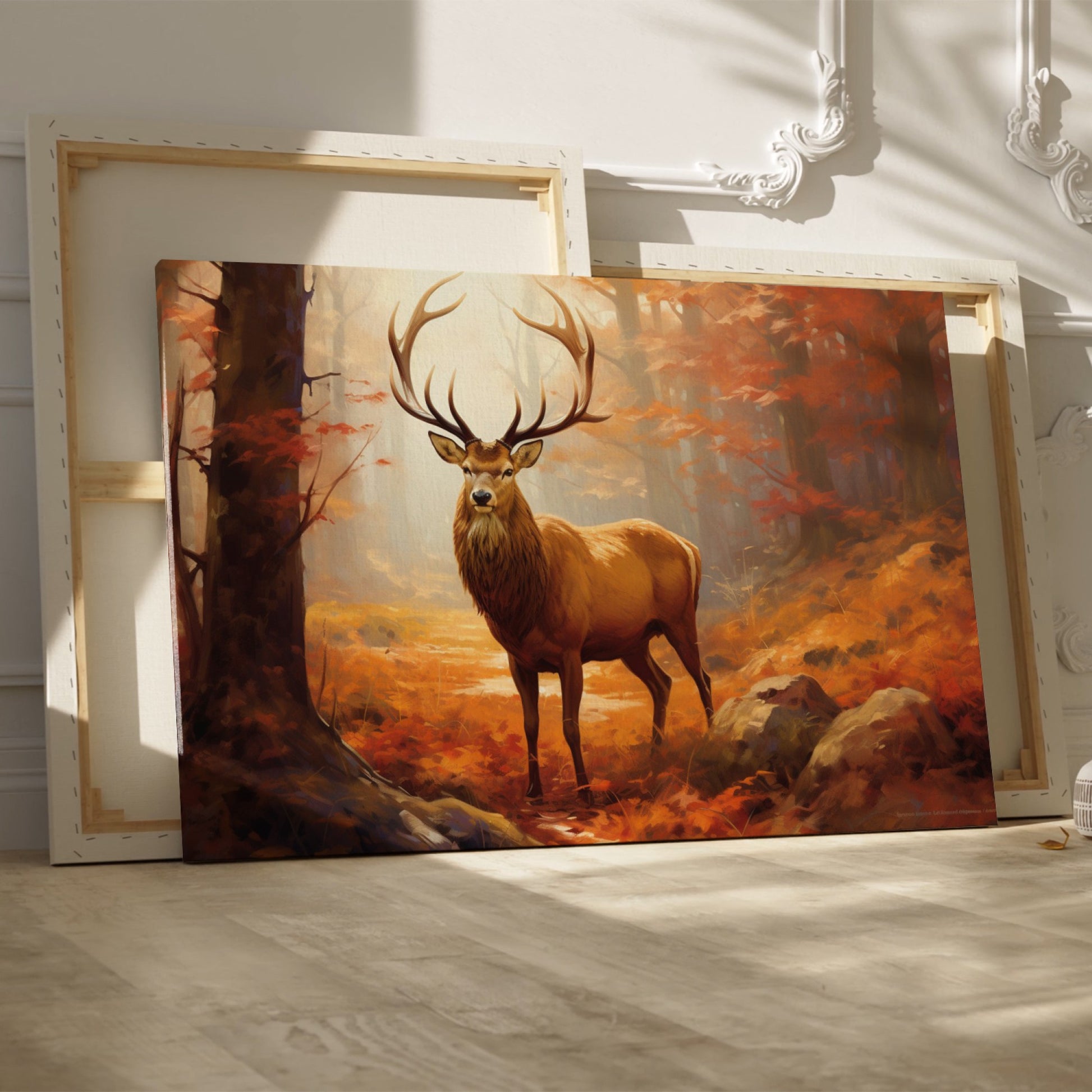 Framed canvas print of a majestic stag in an autumn forest with golden light