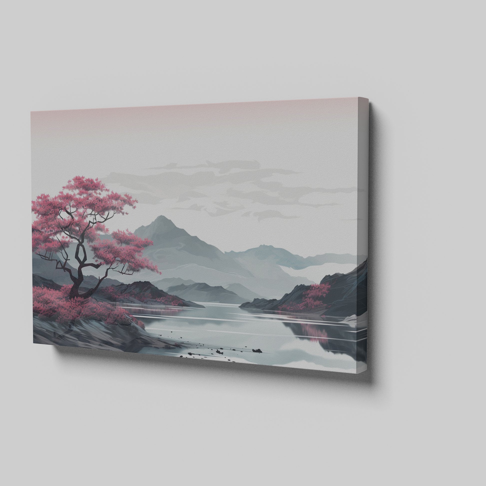 Framed canvas print of an oriental cherry blossom beside a reflective lake with mountain backdrop