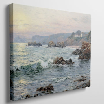 Framed canvas print of a coastal sunset impressionist painting with soft pastel colours and textured ocean waves