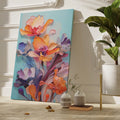 Framed canvas print of stylised vibrant flowers with 3D illustration effect on a cool blue background