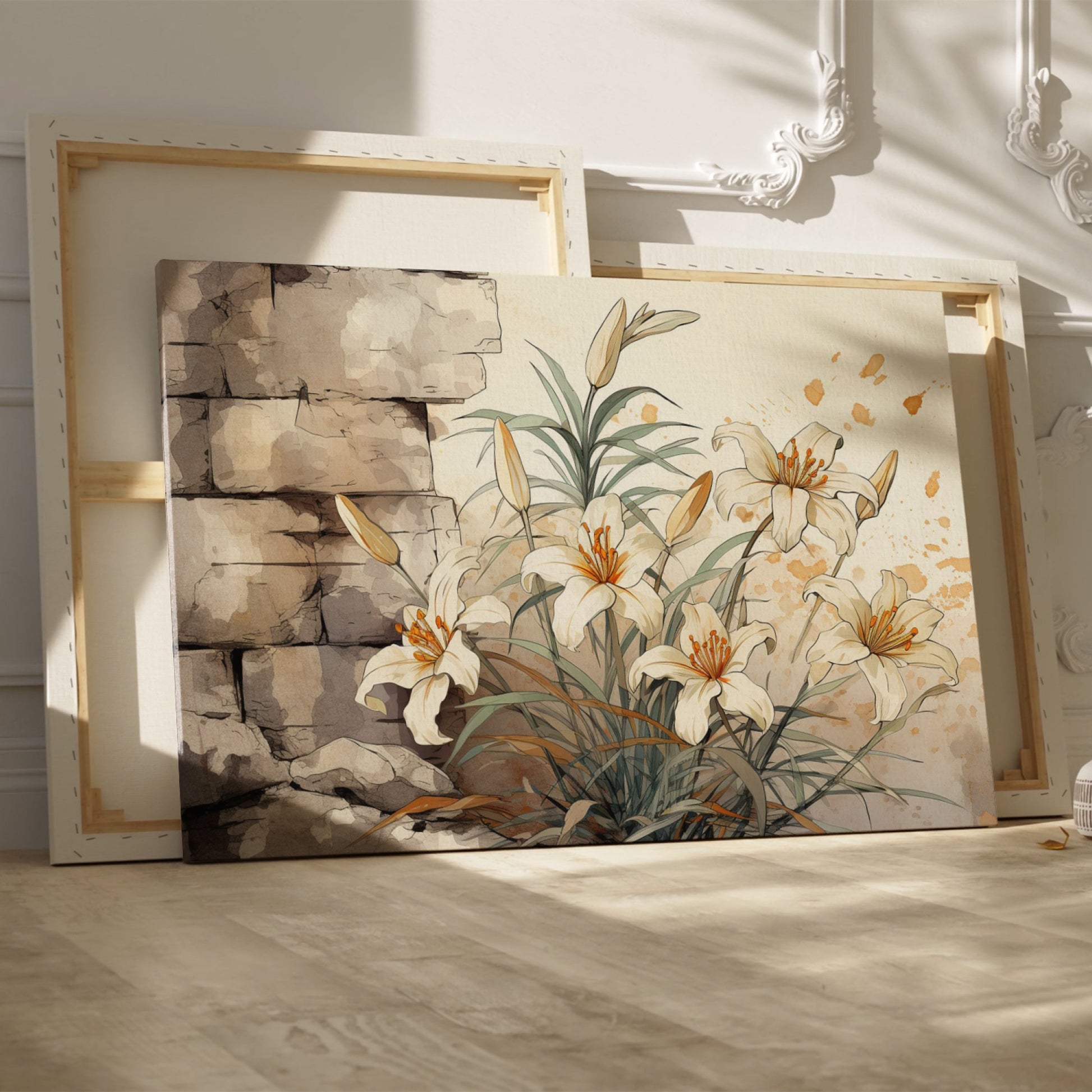 Framed canvas print of elegant white lilies with a rustic textured background in warm earthy tones