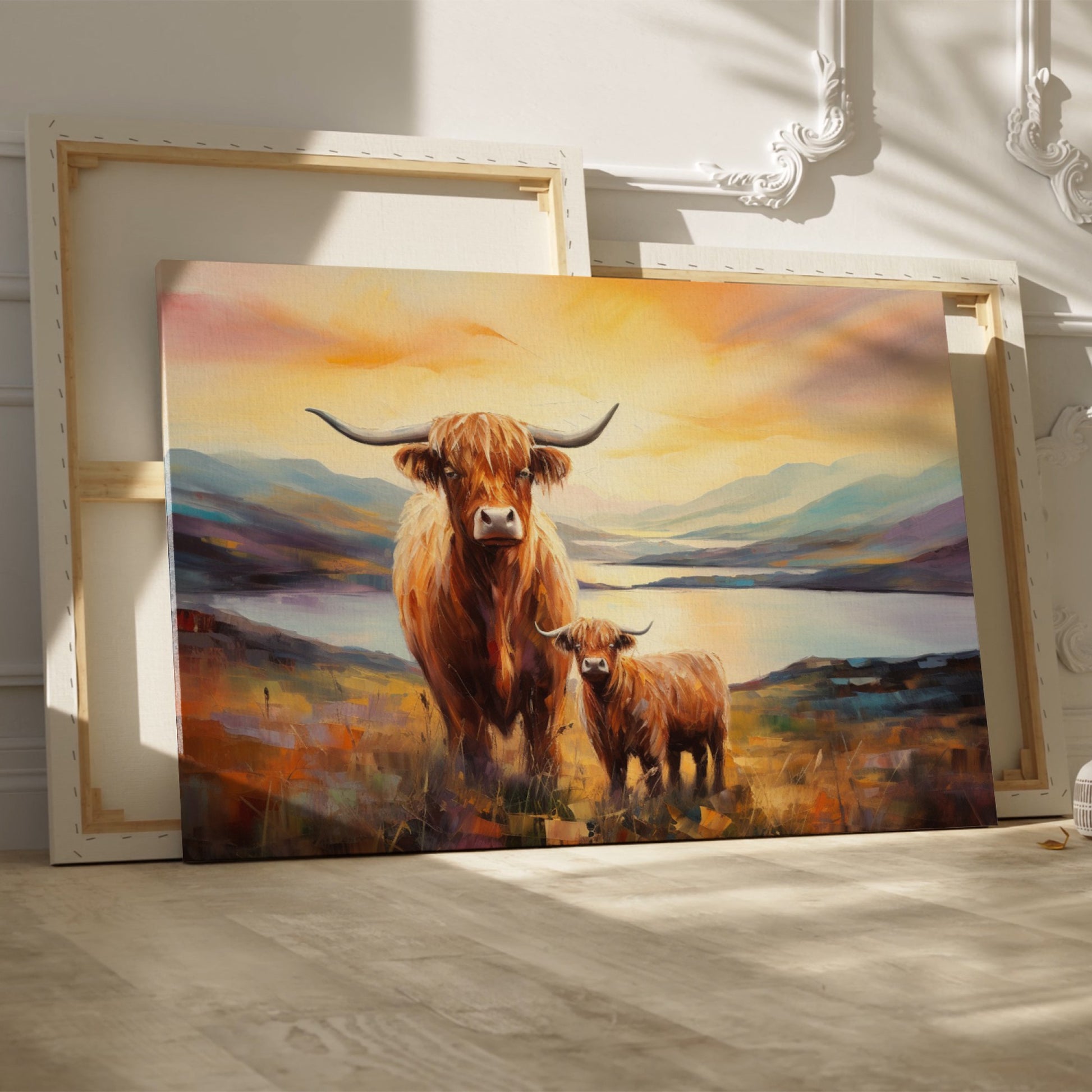 Framed canvas print of Highland cattle in a scenic landscape at sunset with warm hues