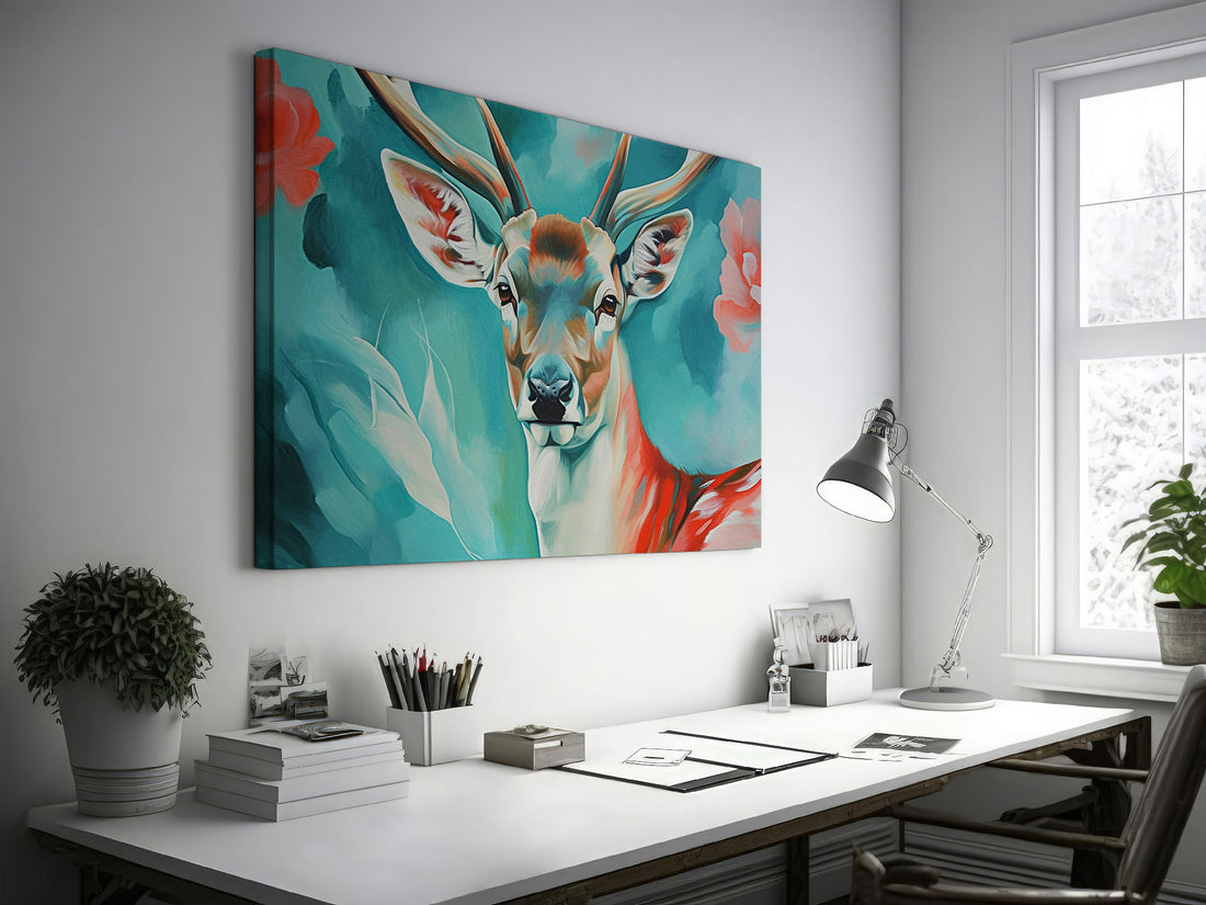 Framed canvas print of a stylised abstract deer with vibrant colours