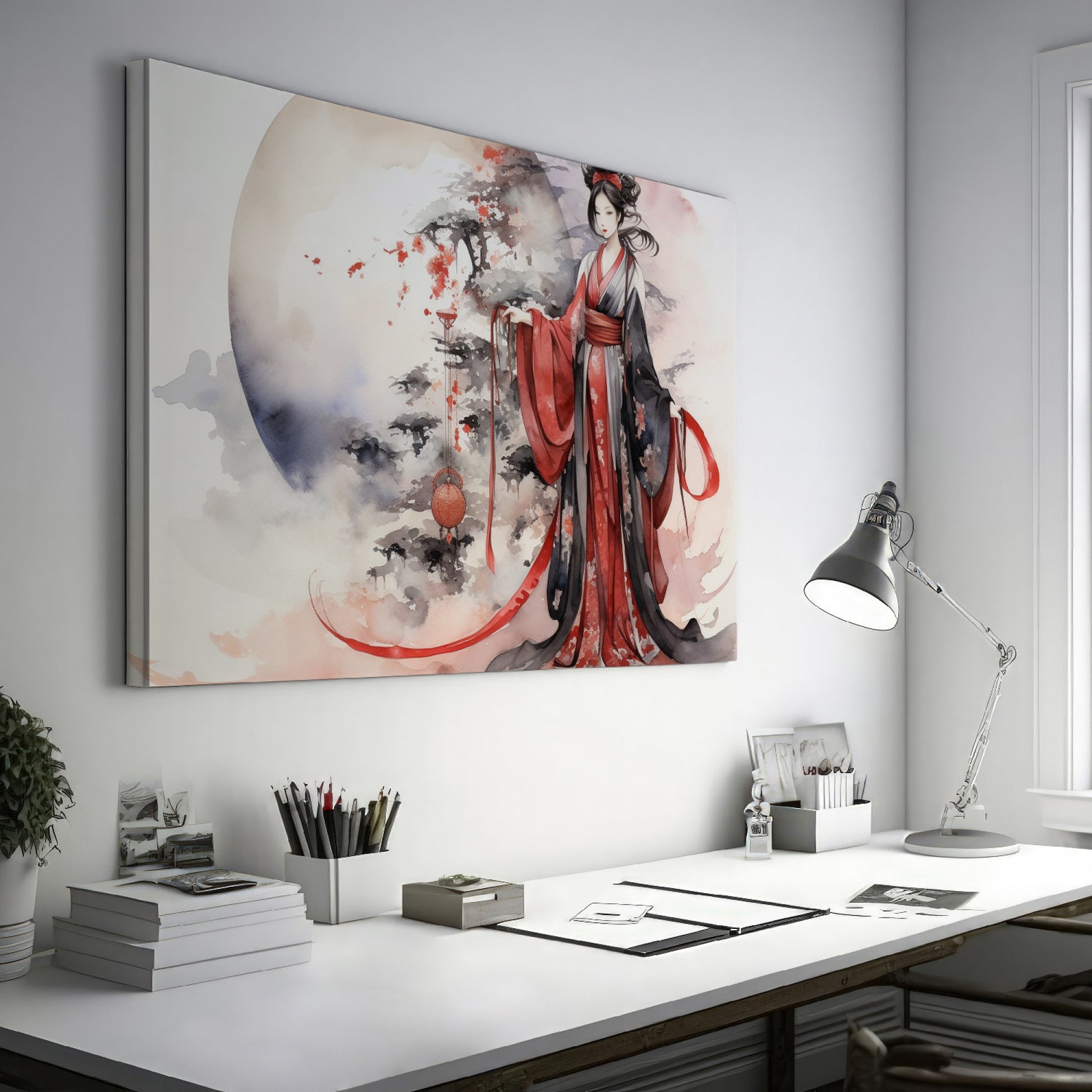 Framed canvas print of an Elegant Geisha in traditional Japanese attire with a sakura blossom and moon backdrop