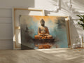 Framed canvas print of serene Buddha statue with abstract warm hues and reflective water