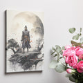 Framed canvas print of a samurai warrior with a sword, against a large moon with a monochrome and red colour palette