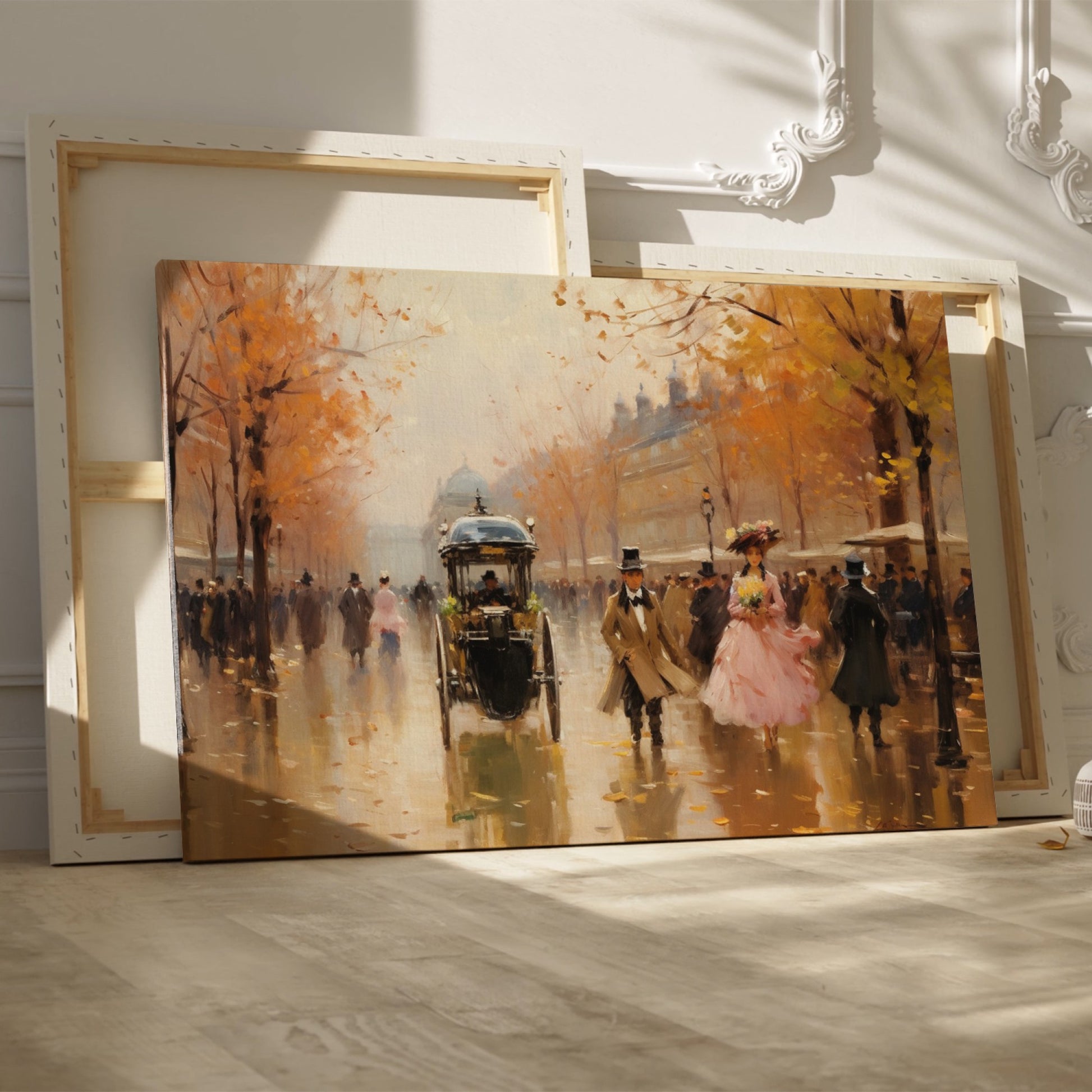 Framed canvas print of a Victorian-era Parisian boulevard in autumn with elegantly dressed figures and a horse-drawn carriage