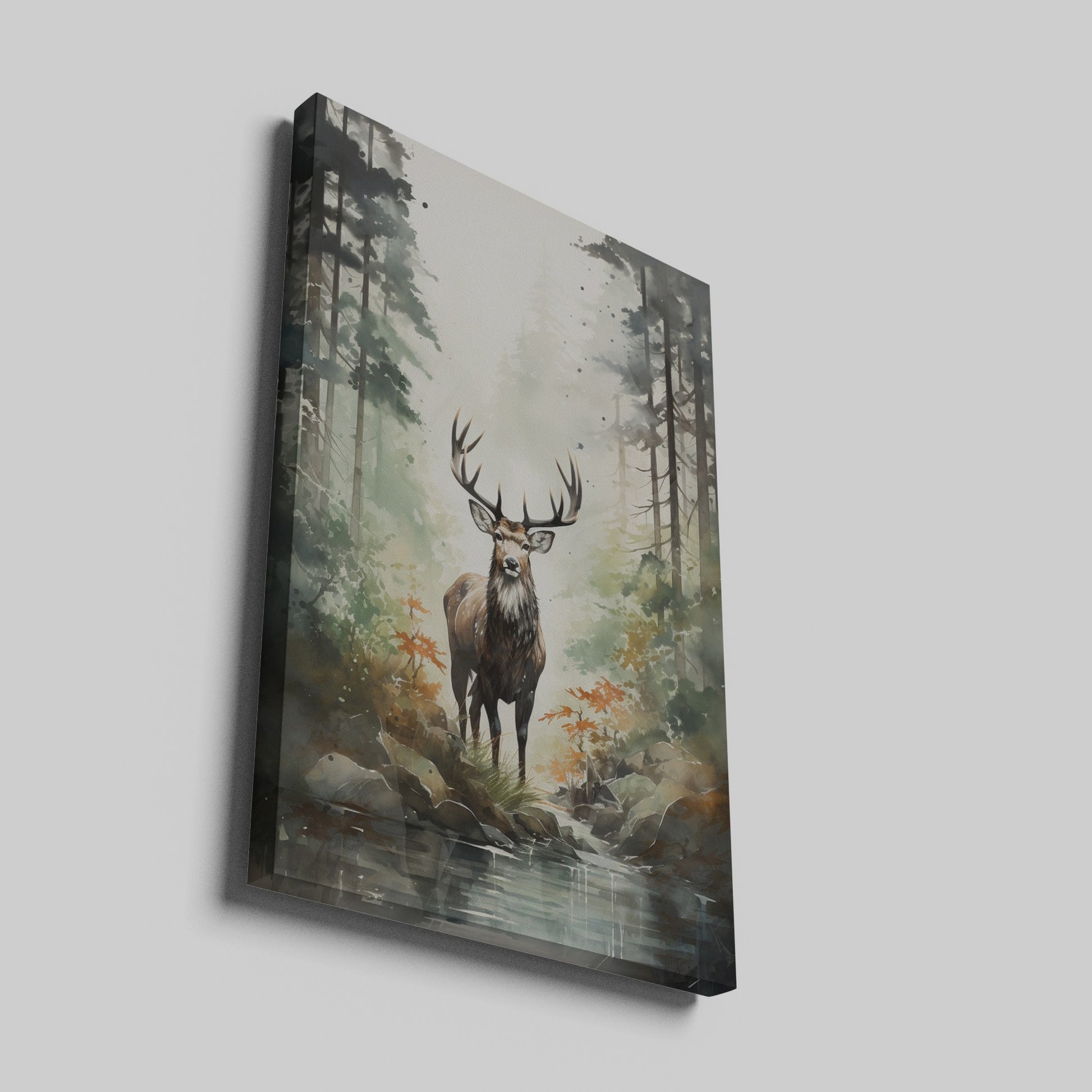 Framed canvas print of a majestic deer in a misty forest with autumnal colours