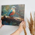 Framed canvas print of a vibrant kingfisher with abstract brushwork and warm colour palette