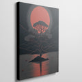 Stylized graphic of a solitary tree against a large red moon with its reflection on a ripple-patterned lake