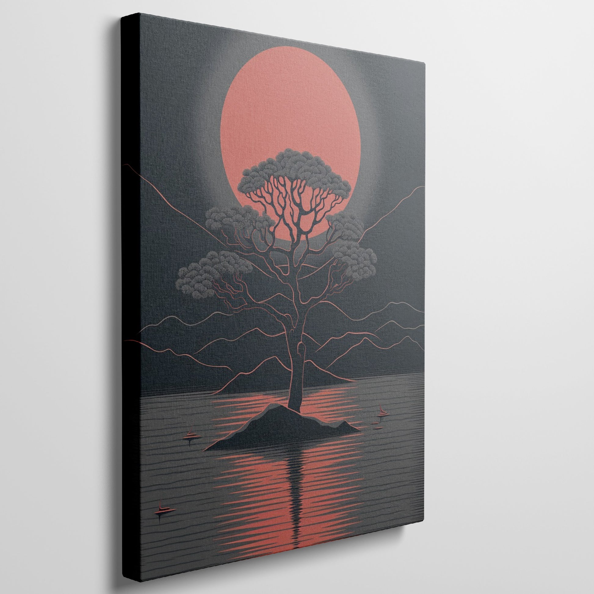 Stylized graphic of a solitary tree against a large red moon with its reflection on a ripple-patterned lake