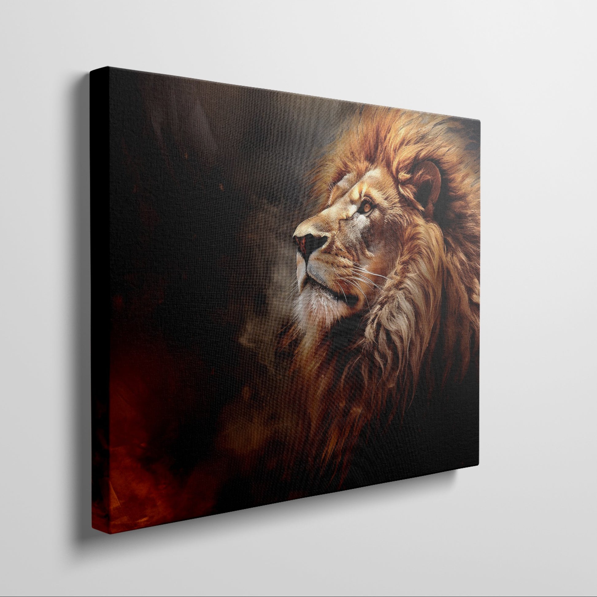 Framed canvas print of a realistic lion portrait with fiery mane