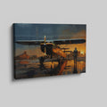 Framed canvas print of a vintage biplane on wet airfield at sunset with pilot walking