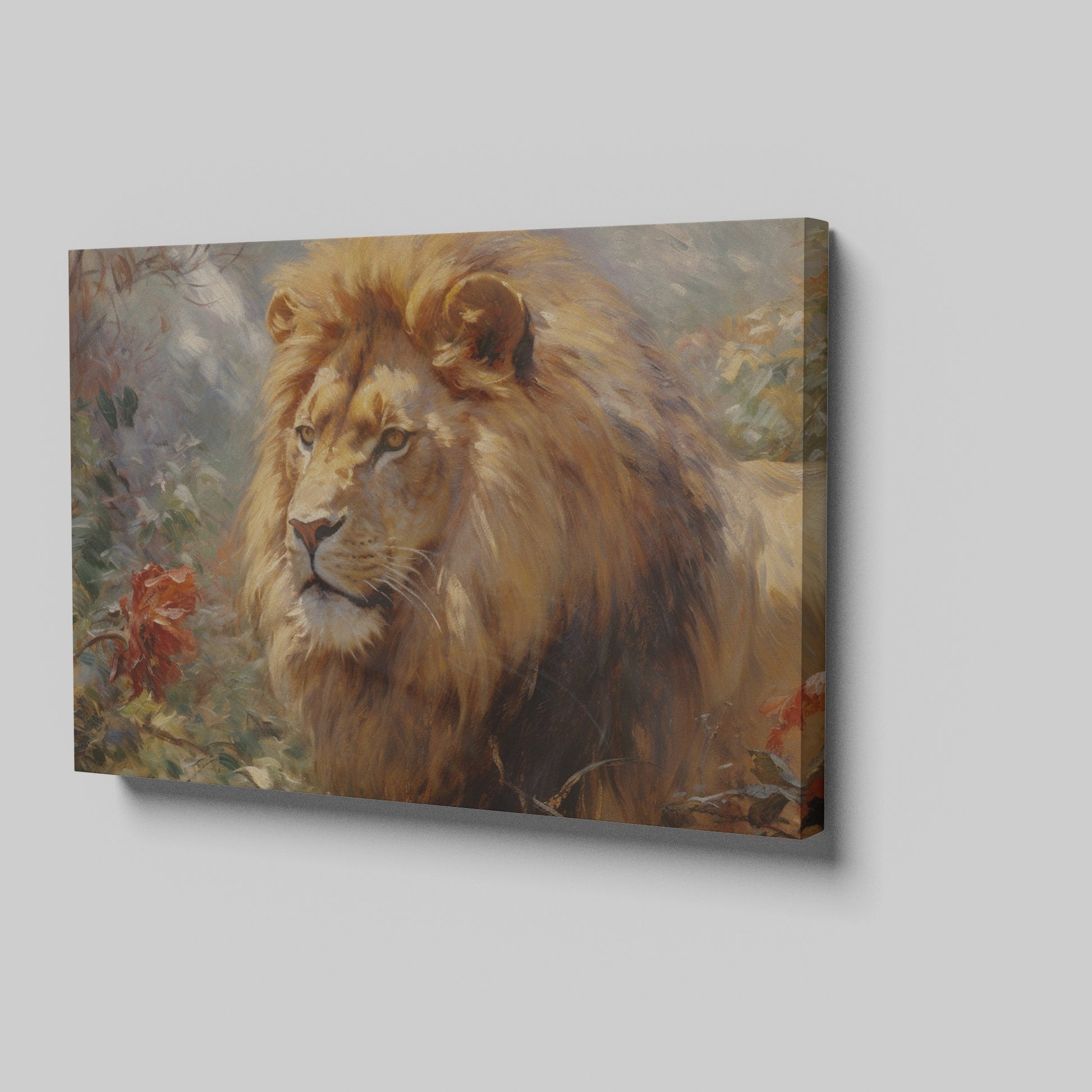 Framed canvas print of a realistic lion showcasing golden and warm earth tones, with detailed brushwork and a serene expression.