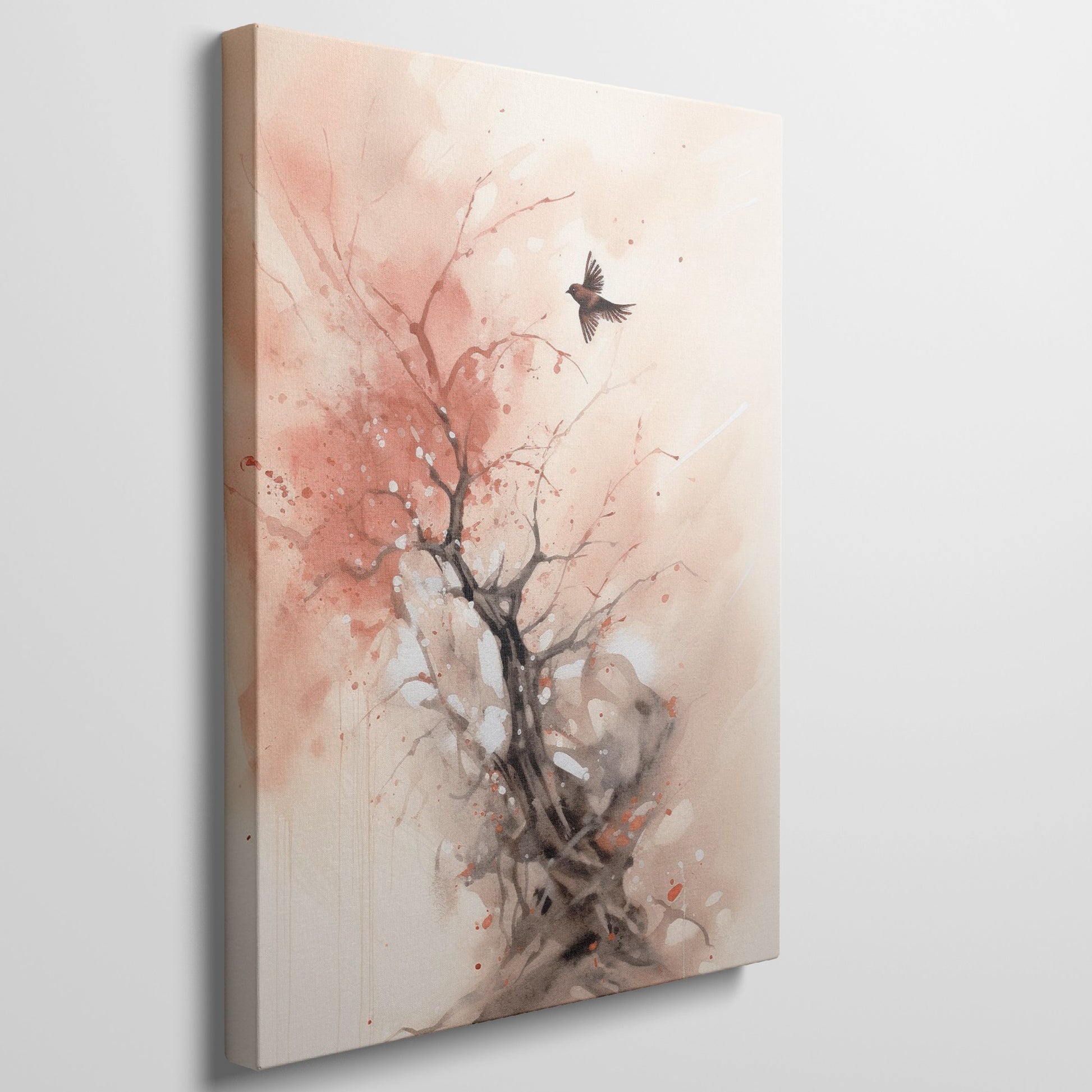 Abstract watercolor painting of a tree with red highlights and a bird in flight on a beige background