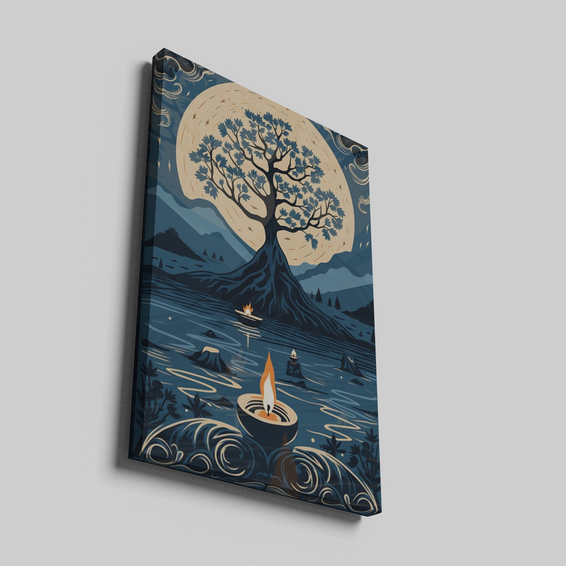 Framed canvas print of a stylised tree against a golden moon with decorative flames and a serene waterscape