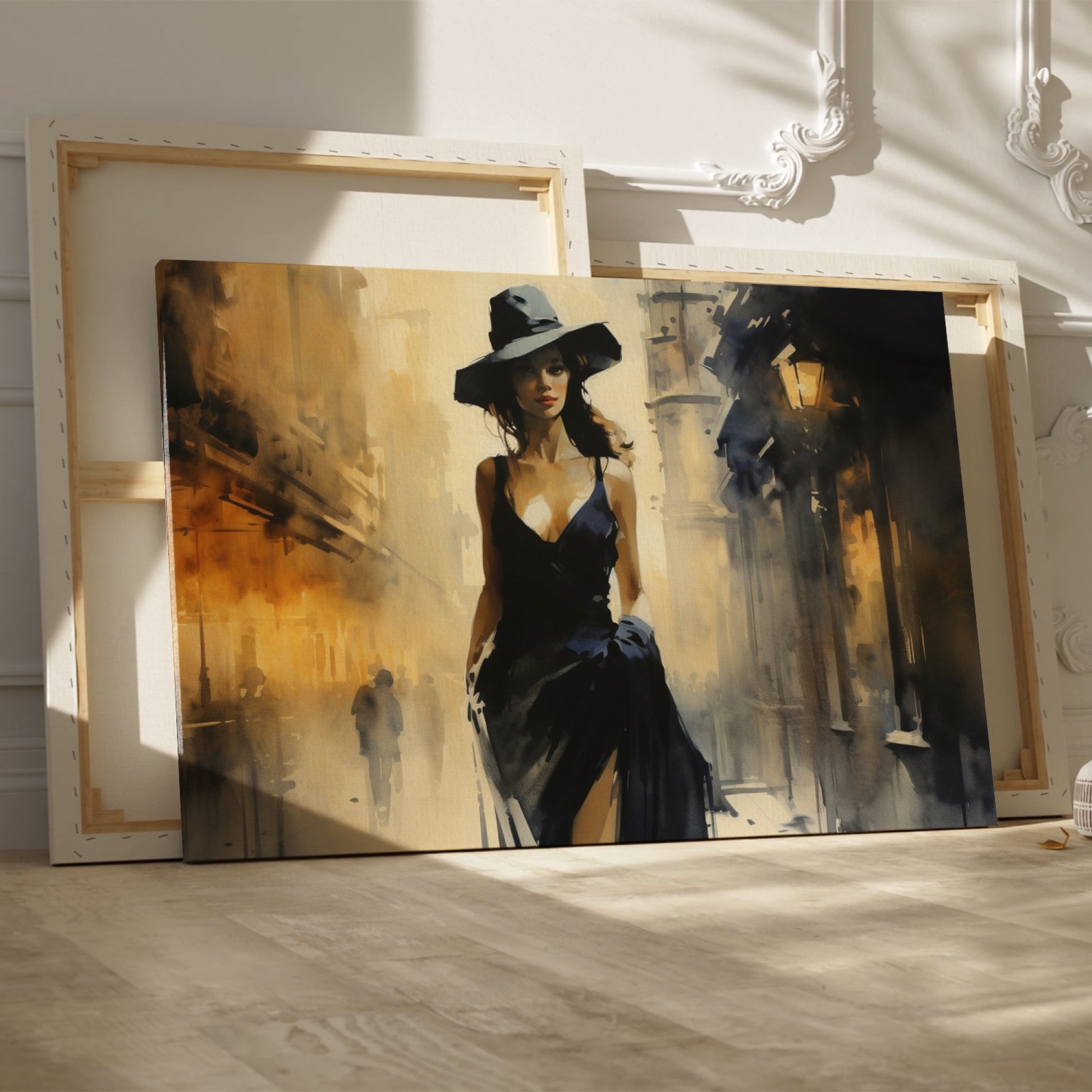 Framed canvas print of an elegant woman in a black dress with a sepia-toned urban street scene background