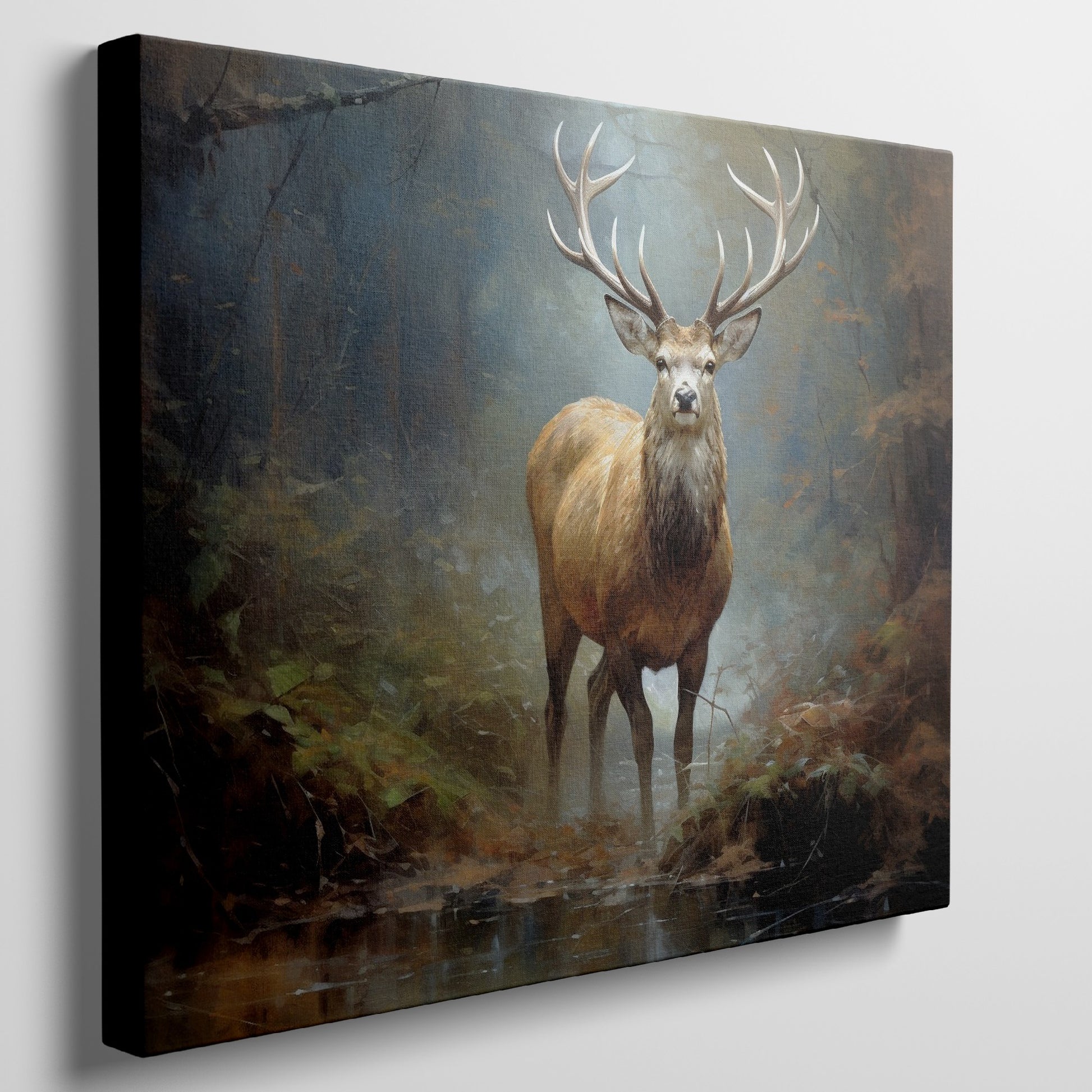 Framed canvas print of a majestic stag in an autumnal forest with rich earthy colours