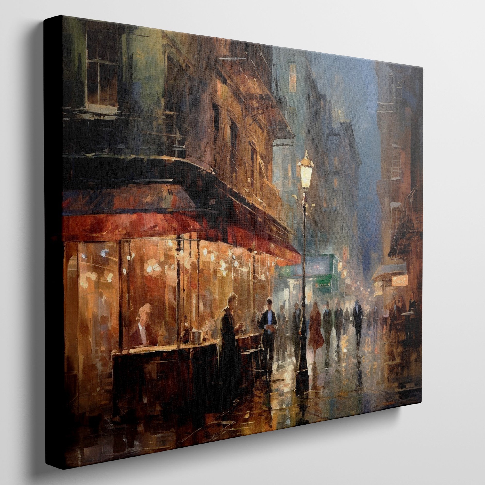 Framed canvas print of an impressionistic cityscape at twilight with a café terrace and bustling streets