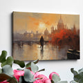 Framed canvas print of an impressionistic cityscape at sunset with reflections on a river