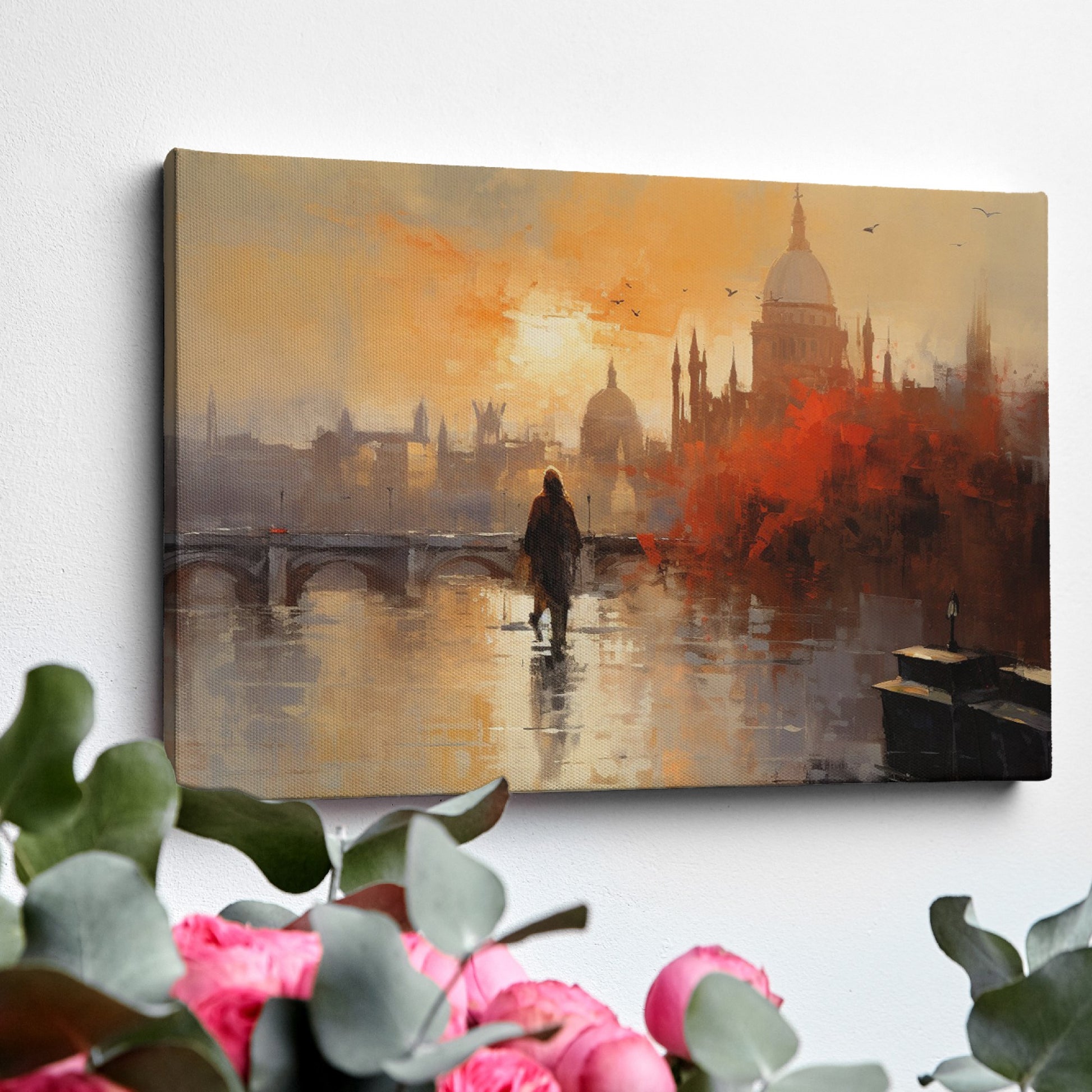 Framed canvas print of an impressionistic cityscape at sunset with reflections on a river