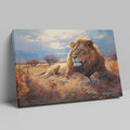 Framed canvas print of a majestic lion basking in the golden light of the African savannah