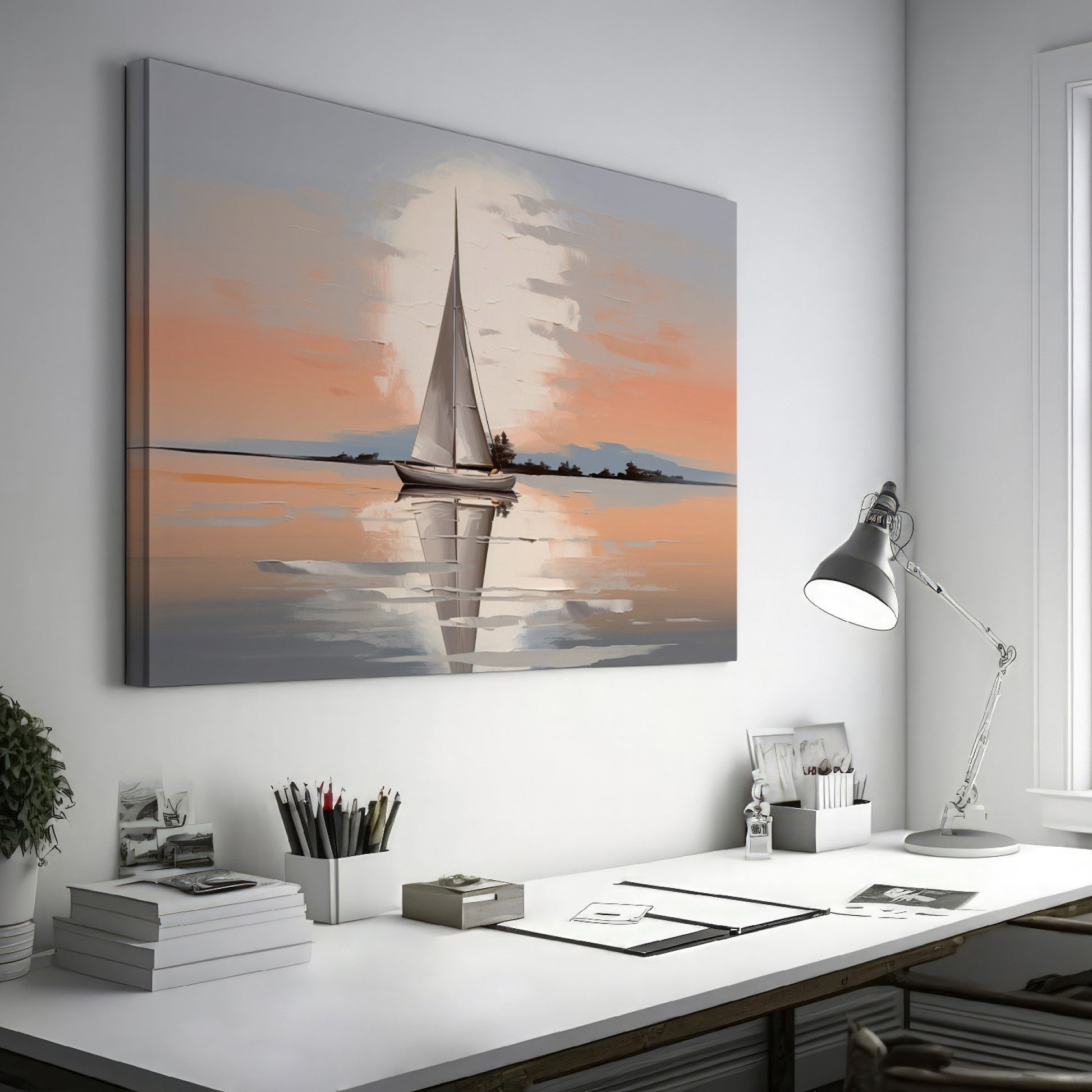 Framed canvas print of a sailboat at sunset with reflections on tranquil waters