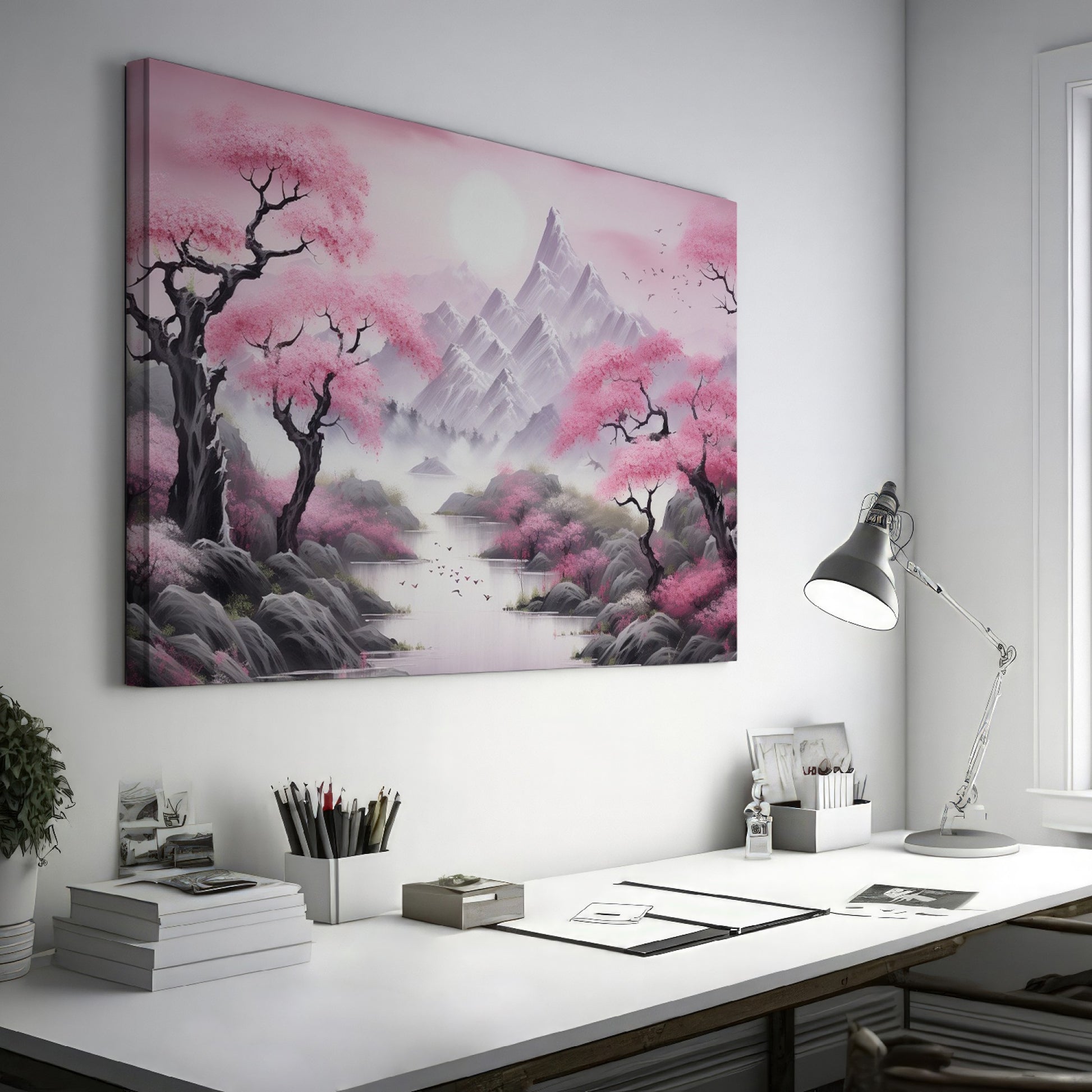 Framed canvas print of Oriental cherry blossom landscape with misty mountains and serene lake