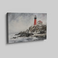 Red lighthouse on stormy cliff with ocean waves and birds, in a painted style