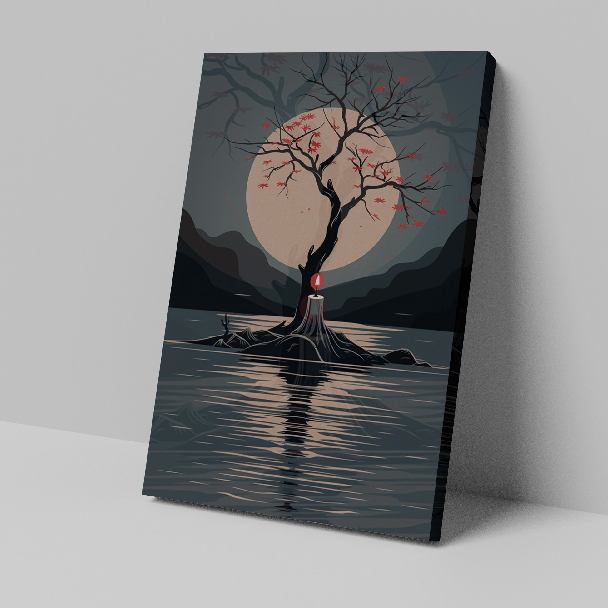 Framed canvas print of a minimalist scene with a lone tree, red leaves, and a moonlit lake