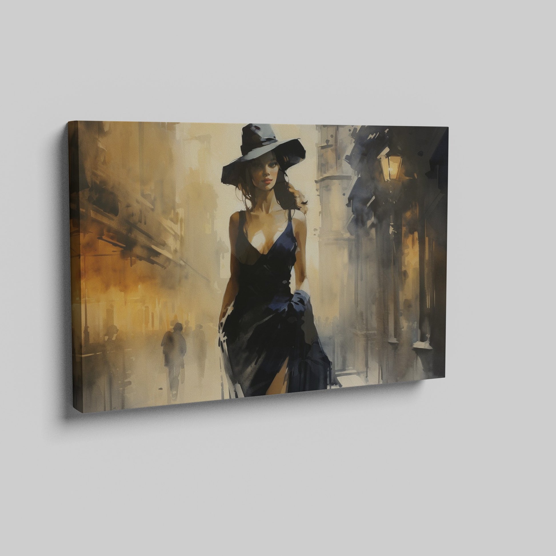 Framed canvas print of an elegant woman in a black dress with a sepia-toned urban street scene background