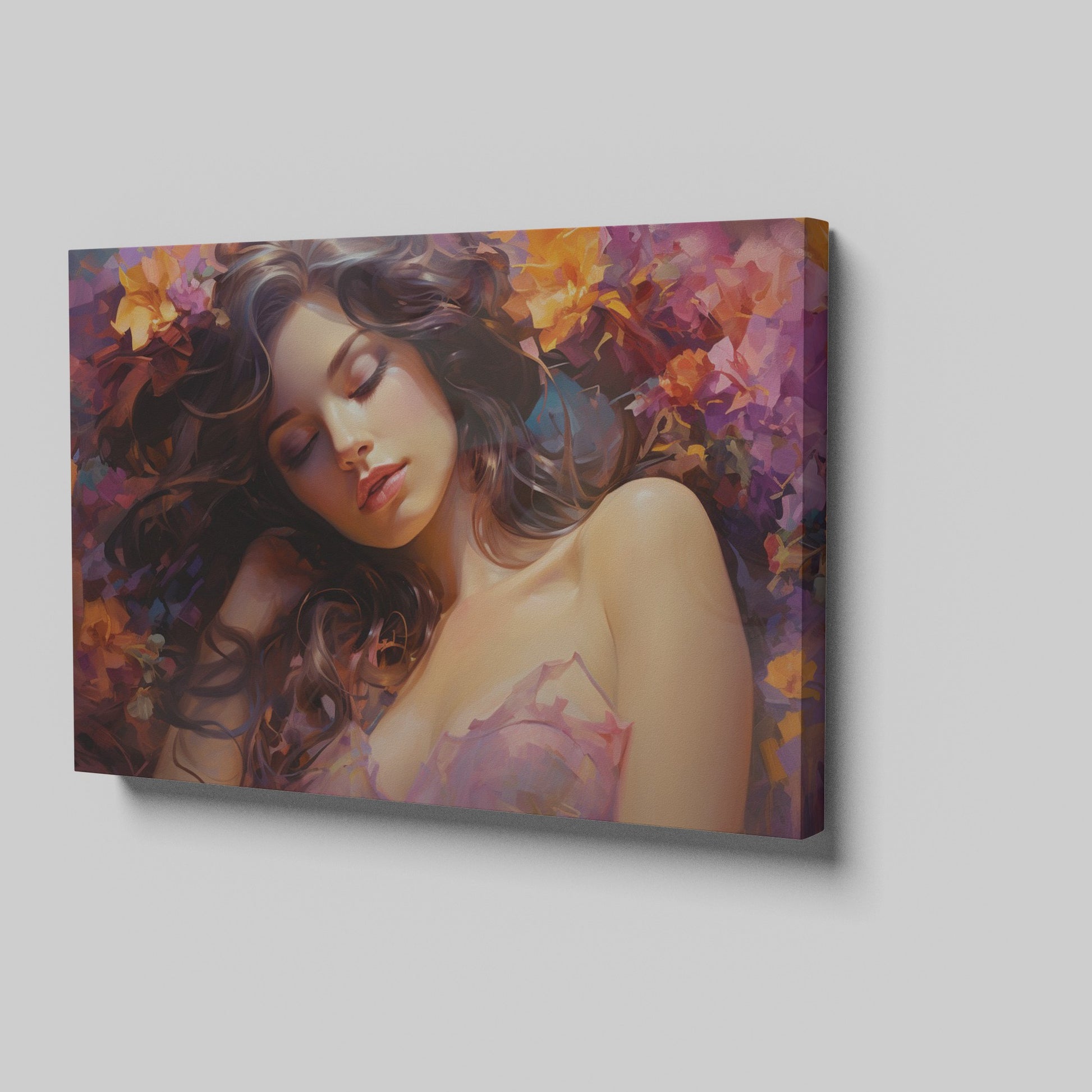 Framed canvas print of a sensuous woman amidst vibrant flowers