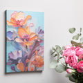 Framed canvas print of stylised vibrant flowers with 3D illustration effect on a cool blue background