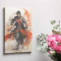 Framed canvas print of dynamic Samurai warrior in action with vibrant splashes of red and bold ink splatters