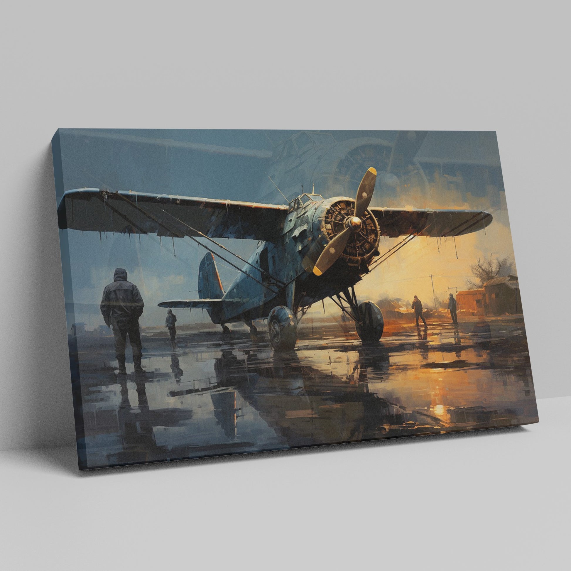 Framed canvas print of vintage warplane at a reflective wet airfield during twilight