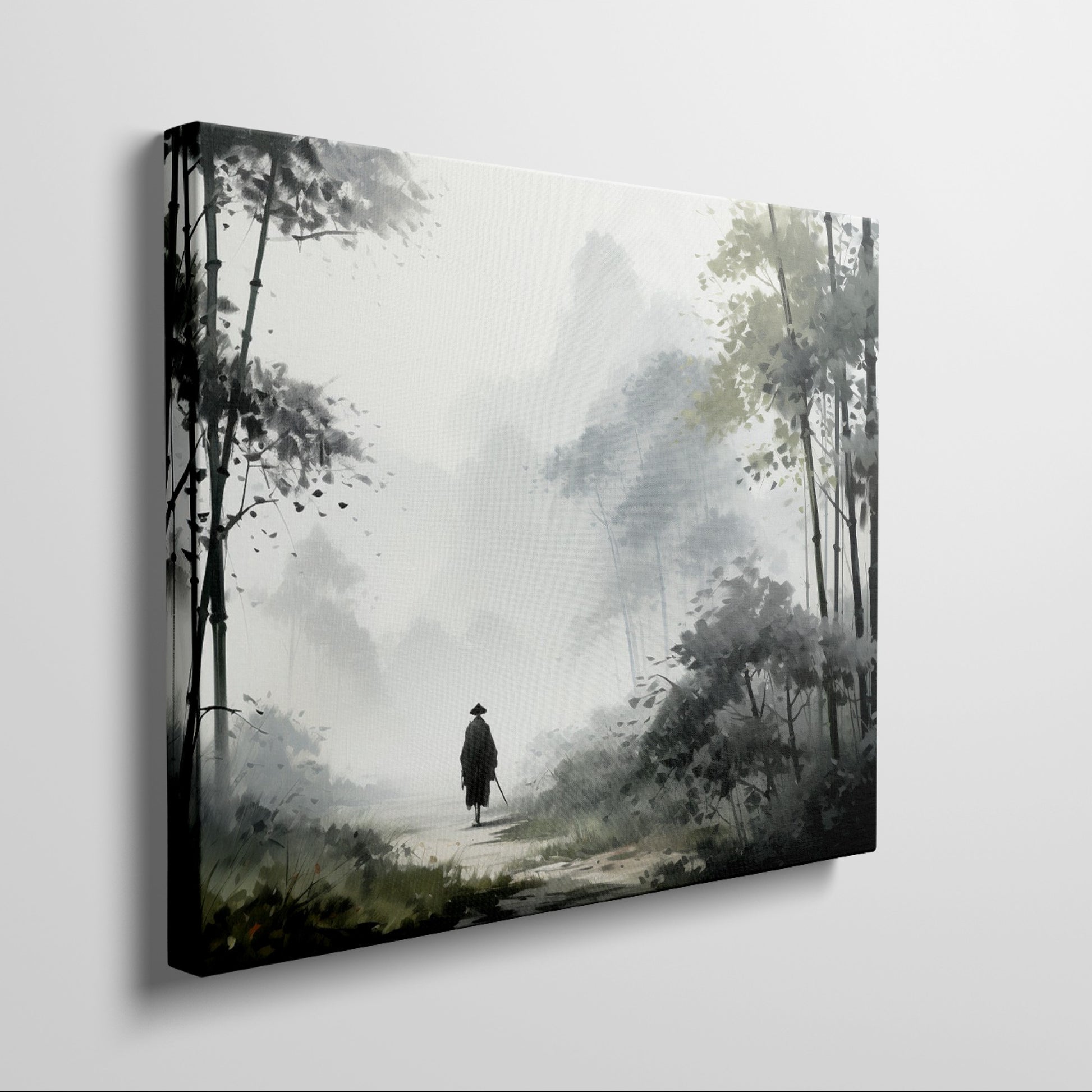 Framed canvas print featuring a solitary figure walking through a misty, ethereal bamboo forest cast in a monochrome colour scheme