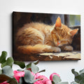 Framed canvas print of a realistic sleeping tabby cat in warm, sunlit tones